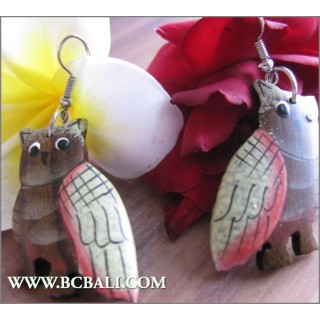 Balinese Wood Carved Earring Owl Painting